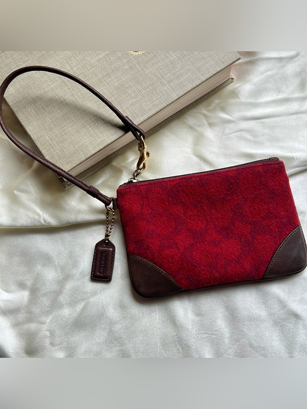 Coach Vintage Y2K Rare Burgundy Wool logo brown Leather trim strap Wristlet Bag